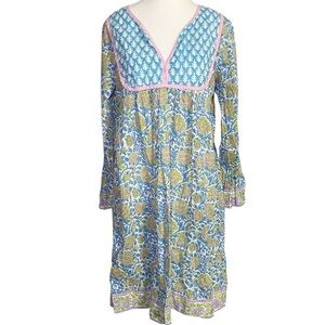 SZ Blockprints Jaipur Dress in Cornflower Blue & Pop Green